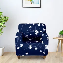 Cortina Navy Blue & White Printed  Stretchable One Seater Sofa Cover-picture-9