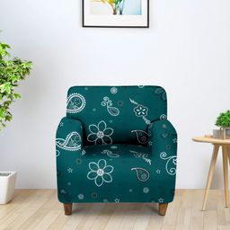 Cortina Teal Green Printed Stretchable Single Seater Sofa Cover-28