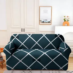 Aura Teal Green & White Checked Printed Stretchable Sofa Cover With Arms-2