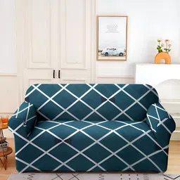 Aura Blue & White Ckecked Stretchable Two Seater Sofa Cover-image-74