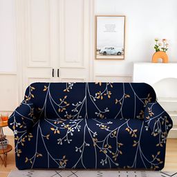 Aura Navy Blue & White Printed Stretchable Two Seater Sofa Cover With Arms-image-40