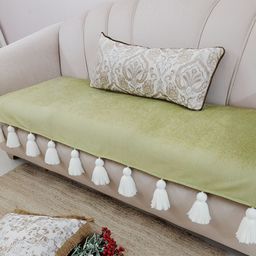 THROWPILLOW Olive Green & Off White Anti Slip Tassels Sofa Cover-image-68