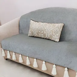 THROWPILLOW Grey & Off White Anti Slip Tassels Sofa Cover-image-44