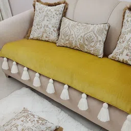 THROWPILLOW Mustard Yellow & White Anti Slip Tassels 4 Seater Sofa Cover-26