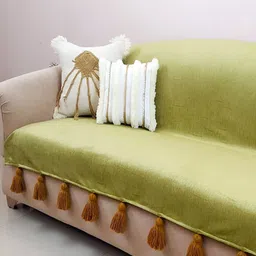 THROWPILLOW Olive Green & Brown Anti Slip Tassels Sofa Cover-35