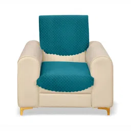 Sparrow world Turquoise Blue 2 Pieces Quilted Velvet 1 Seater Sofa Cover-image-14