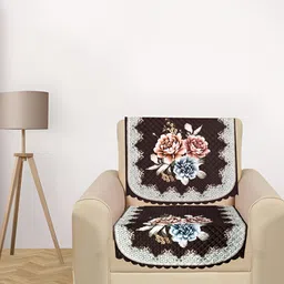RRC White & Brown 2 PIeces Floral Printed 1 Seater Velvet Sofa Cover-12