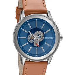 Sonata Men Blue Brass Skeleton Dial & Brown Leather Strap Analogue Watch 7133SL02-16