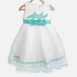 StyleStone Girls White & Sea Green Embroidered Fit and Flare Dress-image-31
