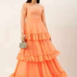 Ethnovog Women Peach-Coloured Made To Measure rganza Embroidered Layered Gown-image-15