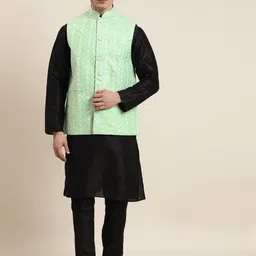 SOJANYA Men Black & Sea Green Kurta with Churidar & Embroidered Nehru Jacket-image-90