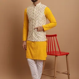 SOJANYA Ethnic Embroidered Sequinned Pure Cotton Kurta & Churidar With Nehru Jacket-image-21