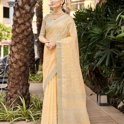 Mitera Orange & Grey Floral Embroidered Zari Pure Linen Banarasi Saree-14