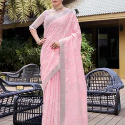 Mitera Pink & White Floral Embroidered Zari Pure Linen Banarasi Saree-image-72