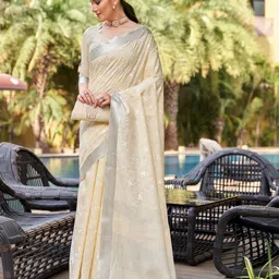 Mitera Beige & Grey Floral Embroidered Zari Pure Linen Banarasi Saree-image-71