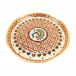apka mart Beige & Red Textured Pooja Thali Plate With Peacock Design-image-70