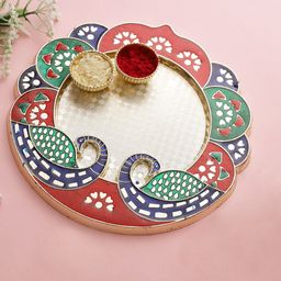 Aapno Rajasthan Red & Green Peacock Shape Pooja Thali-picture-13