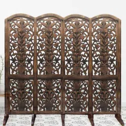 shilpi Brown Handcarved Wooden Room Divider Four Panels In Plant With Flower Floral Pattern With Stand-picture-42