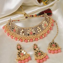 Sukkhi Gold-Plated Kundan & Beads Studded Choker Necklace Jewellery Set-64