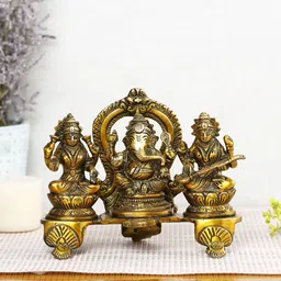 CraftVatika Brown Textured Ganesha Laxmi Saraswati Brass Idol Showpiece-image-57