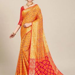 MS RETAIL Yellow & Red Woven Design Zari Silk Blend Patola Saree-image-67