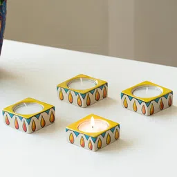 ExclusiveLane Mughal Blazing Jungu 4 Pieces White & Yellow Printed Tea Light Holder-14