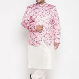 VASTRAMAY Men Plus Size Cream-Coloured Kurta with Churidar & Jacket-picture-29