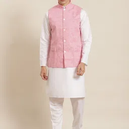 SOJANYA Men White Solid Cotton Linen Straight Kurta with Churidar & Nehru jacket-image-49
