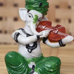 eCraftIndia White & Green Handcrafted Lord Ganesha Playing Violin Idol-28