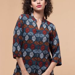 Hive91 Floral Printed Mandarin Collar Casual Top-40