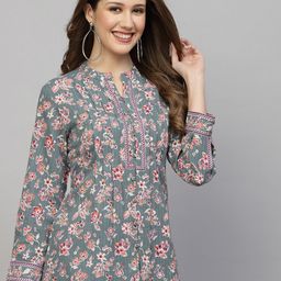 QOMN Floral Printed Mandarin Collar Pure Cotton Top-image-99
