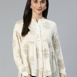 Oxolloxo Beige Printed Mandarin Collar Shirt Style Top-picture-26