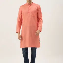 Molly & Michel Men Peach-Coloured Solid Straight Kurta-image-32