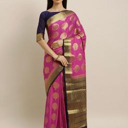 MIMOSA Pink & Gold-Toned Poly Crepe Woven Design Mysore Silk Saree-17