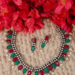 GRIIHAM Silver-Plated Pearls-Studded & Beaded Oxidised Jewellery Set-image-51