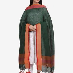THE WEAVE TRAVELLER Green & Red Linen Dupatta with Zari-15
