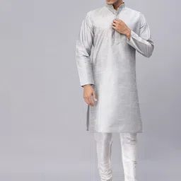NEUDIS Men Grey Solid Dupion Silk Thread Work Straight Kurta-picture-0
