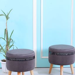 Shadowkart Grey Velvet & Wooden Round Ottoman-image-24
