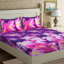 Good Homes by Home Candy Purple & Yellow Floral 152 TC Polyester 1 Queen Bedsheet with 2 Pillow Covers-picture-26