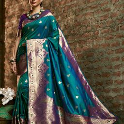 elora Women Blue & Gold-Toned Woven Design Zari Silk Blend Banarasi Saree-image-65