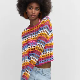 MANGO Women Striped Crochet Pullover-image-49
