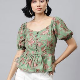 SASSAFRAS Green & Pink Floral Print Puff Sleeves A-line Top-image-17