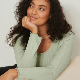 NA-KD Women Sage Green Self-Striped Top with lettuce Edge-image-39