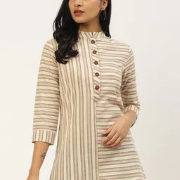 Cottinfab Women Brown & Off-White Striped Tunic-6