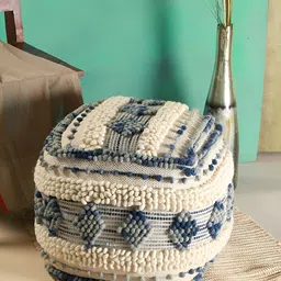 Manor House Beige & Blue Macrame Wooden Square Ottoman-image-47