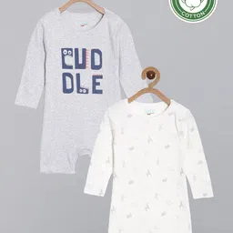 Broon Boys Pack Of 2 Grey & White Printed Organic Cotton Rompers-picture-13