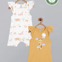 Broon Girls Pack of 2 Off White & Mustard Pure Organic Cotton Rompers-image-86