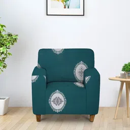 Cortina Green & White Printed Polyester 1 Seater Stretchable Non-Slip Sofa Cover-image-78