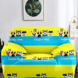 Cortina Yellow & Blue Printed Polyester 1 Seater Stretchable Non-Slip Sofa Cover-image-83