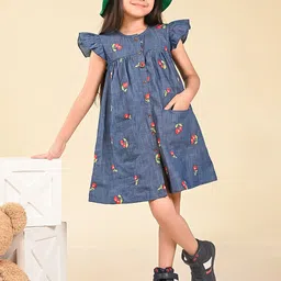 LilPicks Girls Conversational Printed Flutter Sleeves Cotton A-Line Dress-image-13